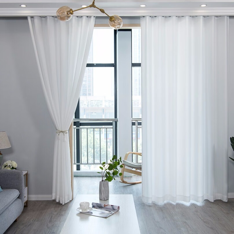 暮织纱雪纺纱透光不透人白色纱帘客厅卧室半遮光成品窗帘 白色挂钩 1.