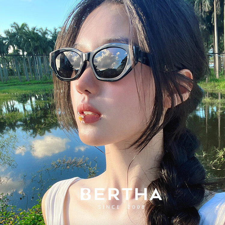 贝尔莎(bertha)猫眼墨镜女高级感近视太阳眼镜防晒防紫外线开车驾驶可配近视 气质黑【高密度板材】