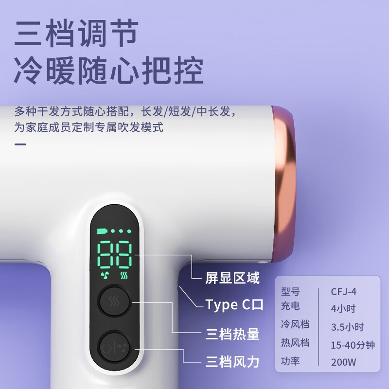 物克(VVU&CCO)充电式无线吹风机风筒电吹风学生宿舍吹头发3档冷热便携type-c充电高转速风筒美术联考 【高速电机】长续航CFJ-4
