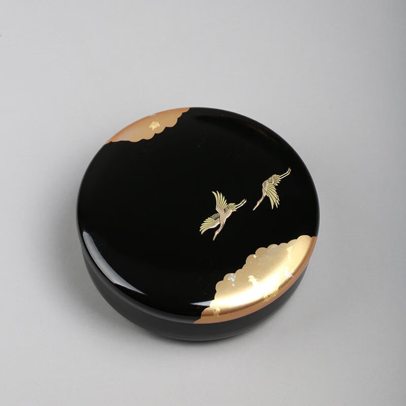 密小米漆器果盘日本山中漆器莳绘祥鹤图果子器点心盒糖果盒盛钵果盘