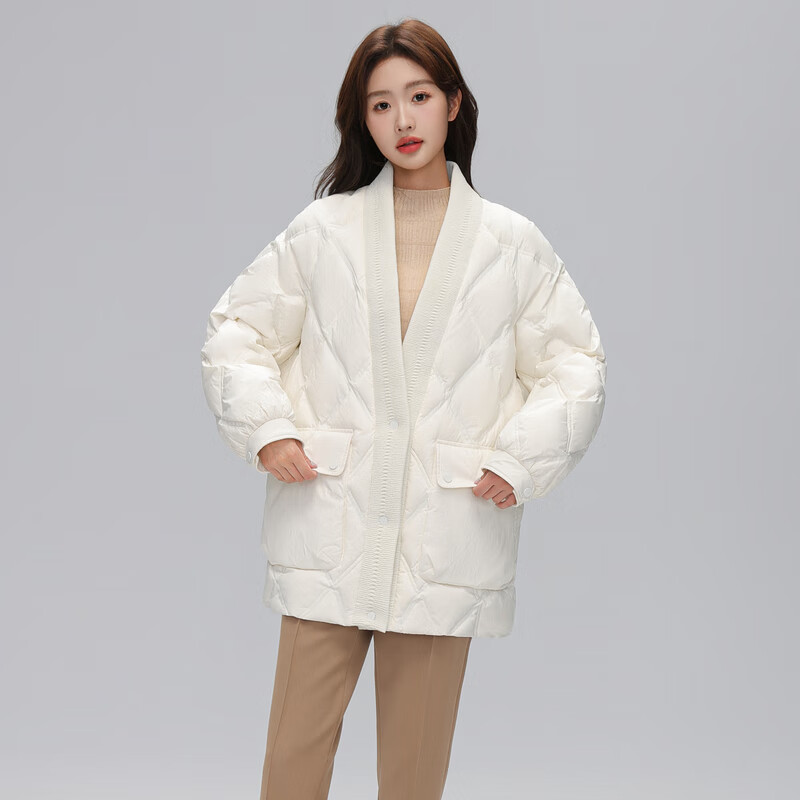 雪中飞秋冬时尚休闲大V领锁绒菱格绗线【反季清仓】】女士短款羽绒服 白色 S 160/84A