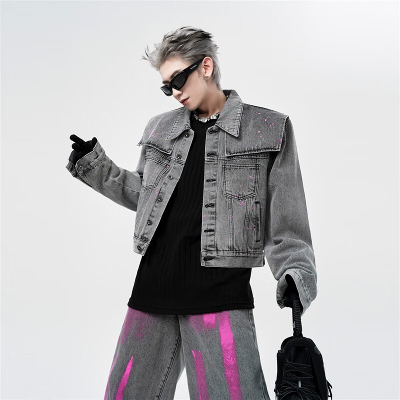 eaeovni假两件设计感牛仔外套男 美式高街废土风复古短款泼墨灰色夹克
