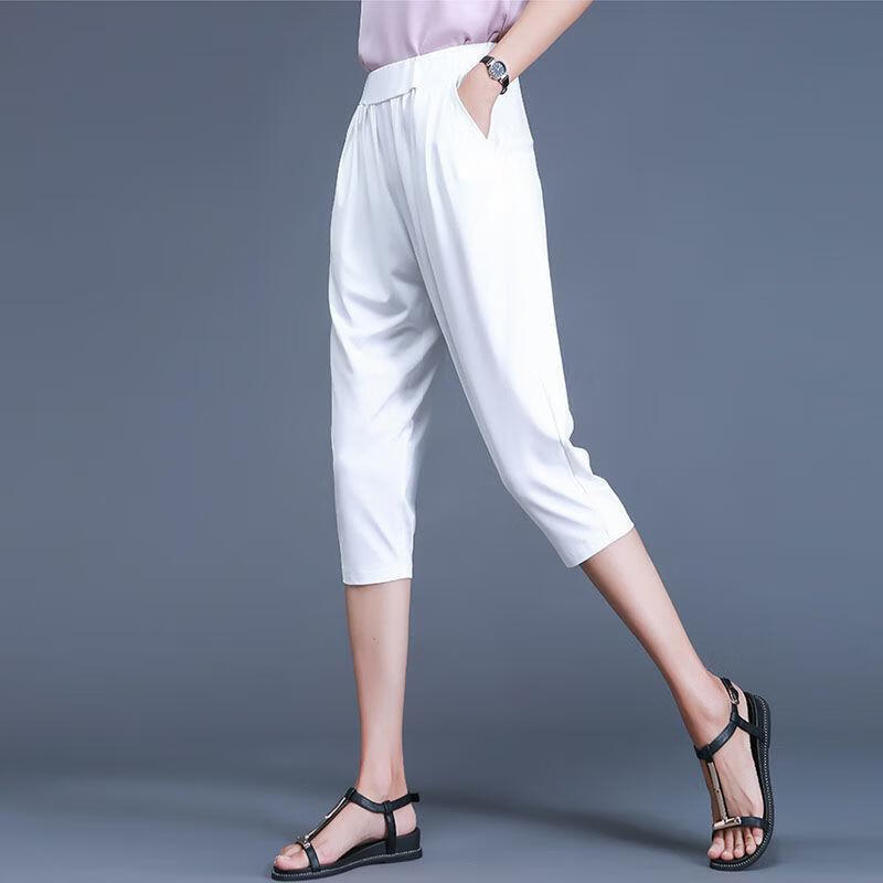 【现货直发】女士夏季新款纯色哈伦裤都市气质松紧高腰休闲裤舒适 白色七分裤 M80-100斤
