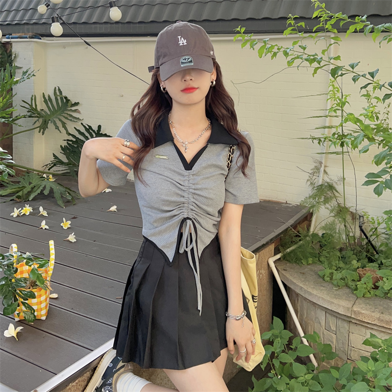 微胖女生穿搭夏季胖mm遮肉显瘦辣妹上衣抽绳 灰色 l【建议100-120斤】