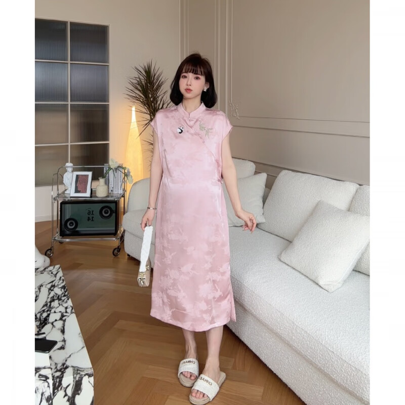 劉潮布2024孕婦旗袍【粉序詩集】娜娜的孕期穿搭夏款質(zhì)熊貓中式旗袍孕婦 旗袍裙 M