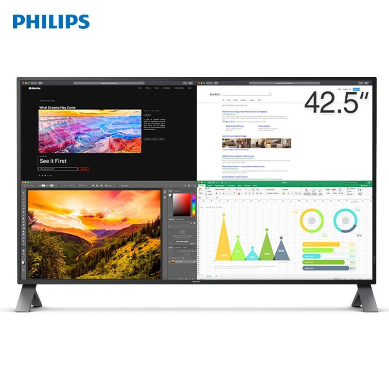 飞利浦 43英寸4K超清IPS屏10.7亿色广色域多源同屏爱眼不闪屏内置音箱可壁挂电脑显示器 支持HDMI电视机顶盒 438P1