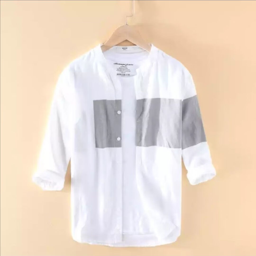 乔骏晟日系拼色立领潮流简约衬衣休闲七分袖男士ins韩版时尚衬衫男