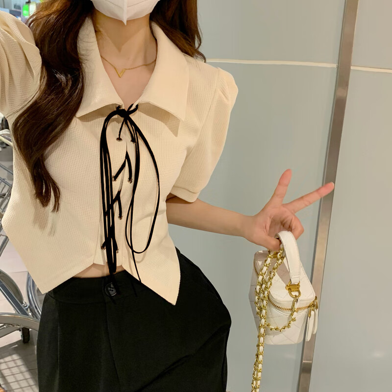 穿的衣服大码微胖甜辣polp领正肩衬衫女夏季泡泡 杏色 m码建议90100斤