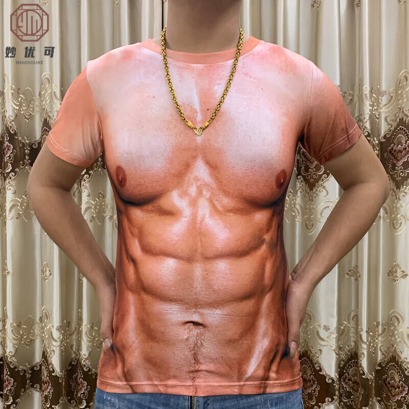 肌肉男t恤3d纹身衣服立体图案个性假68块腹胸肌短袖t恤潮 2064肌肉男