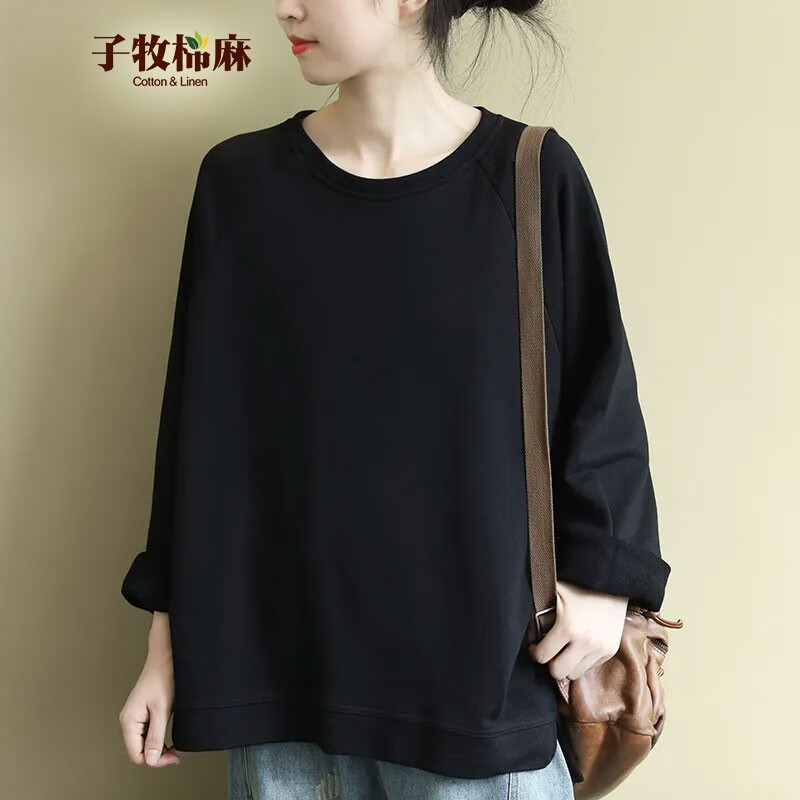 子牧棉麻秋装 女文艺百搭卫衣韩版宽松长袖外套显瘦长袖T恤上衣8671 黑色 M (建议105斤以内)