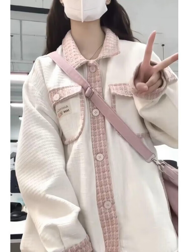 云翔四海2023秋冬季拼色拼接小香风工装外套女学生宽松长袖翻克上衣