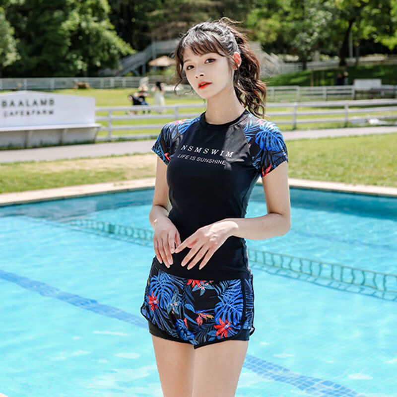 泳衣女 游泳衣女保守分体遮肚学生裙式平角裤少女二件套运动温泉 黑色