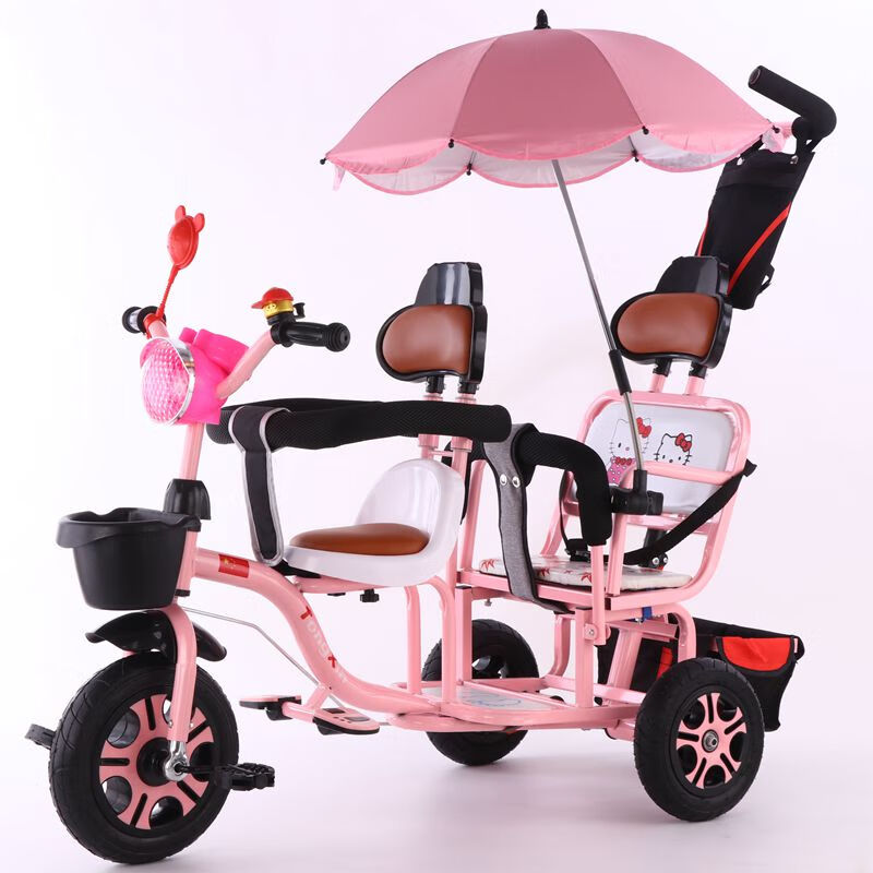 儿童三轮车双人宝宝脚踏车双胞胎手推车婴儿轻便童车大号1-3-6岁 馨粉色 钛空轮+筐+灯+伞