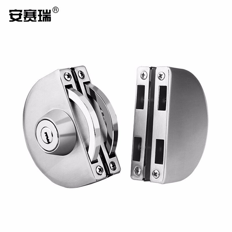 安赛瑞 玻璃门锁 免开孔304不锈钢双门双开移门防盗锁具玻璃锁 半圆-双开门-带反锁【801】460090