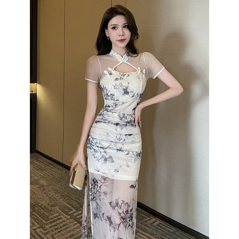 奧計技師工作服性感按摩柔式御姐風(fēng)中式旗袍連衣裙 高端spa養(yǎng)生館工服 B款杏色長款連衣裙 L