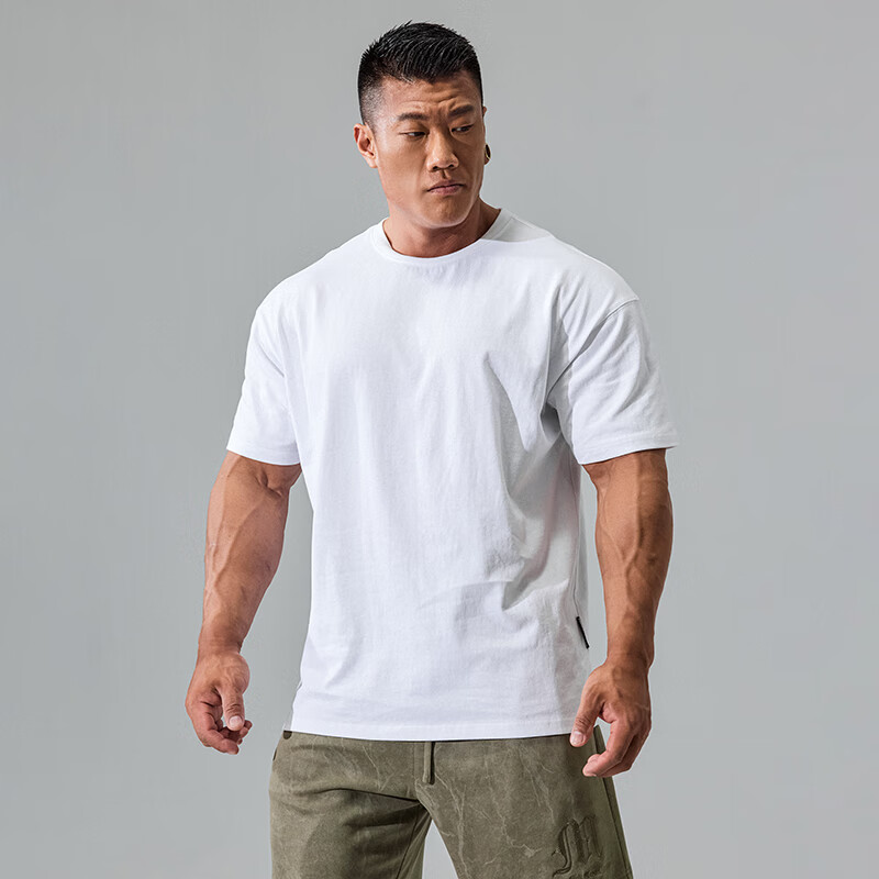 MUSCLEDOG肌肉狗 運動t恤男夏季新款簡約純色狗頭繡花寬松短袖訓(xùn)練健身上衣 白色 XXXL