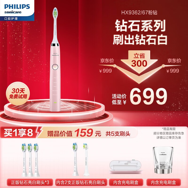 飞利浦（PHILIPS）电动牙刷成人情侣款 礼物 钻石系列 粉钻 含刷头*2+充电旅行盒+充电玻璃杯 粉色HX9362使用感如何?