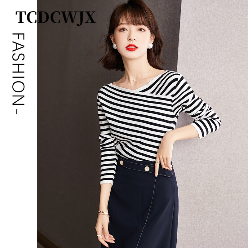 TCDCWJX品牌高端女装有2022年春装新款简约时尚小心机条纹气质针织衫T恤 条纹 L