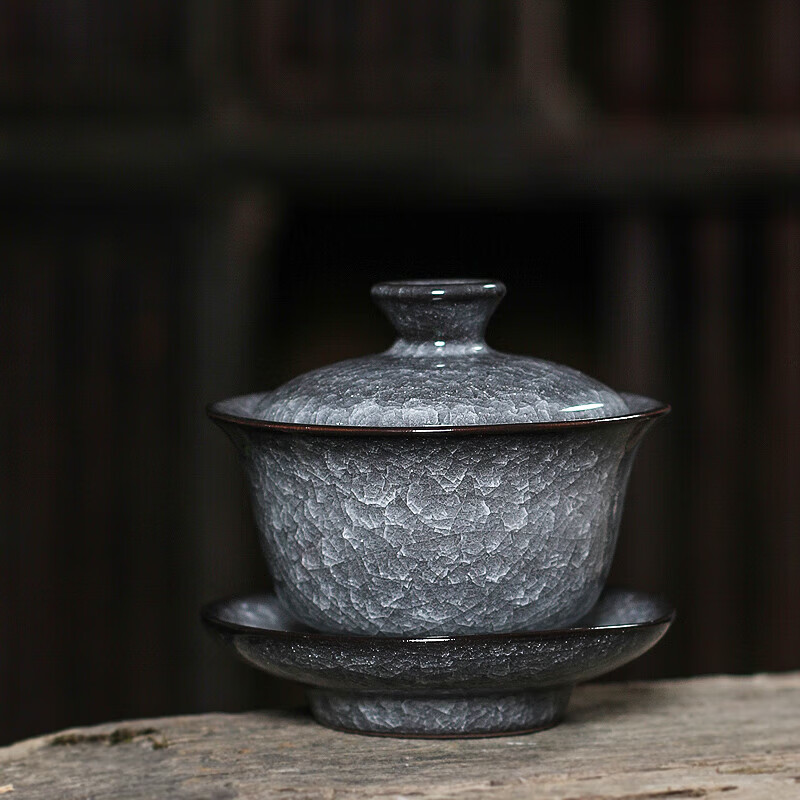 柒阅芒龙泉三才盖碗茶杯大号泡茶杯手工铁胎黑冰裂纹陶瓷功夫茶碗 铁
