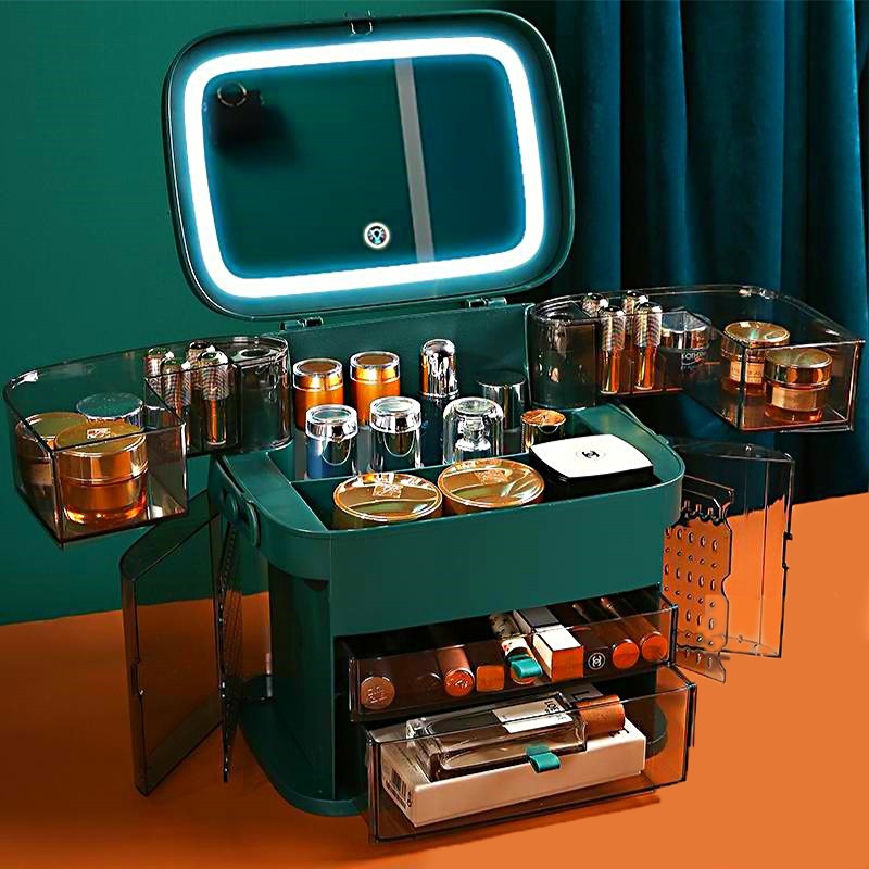 京掌秒化妝品收納盒化妝盒七夕情人節(jié)禮物送女生生日禮物帶燈化妝SN7906 祖母綠[LED補(bǔ)光+智能三擋]