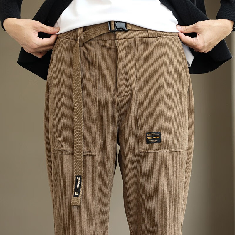 布衣传说【灯芯绒质感】搭扣腰带立体贴袋松紧腰针织九分小锥裤男式休闲裤 卡其 XL