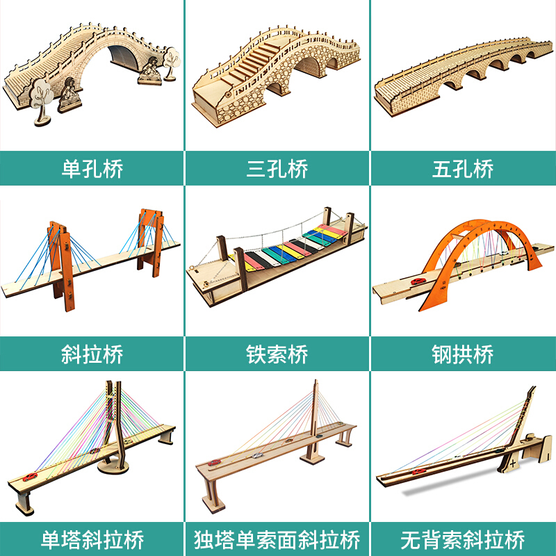 diy手工制作木制桥模型儿童拼装积木拼图桥梁套材料教学玩具 单孔桥
