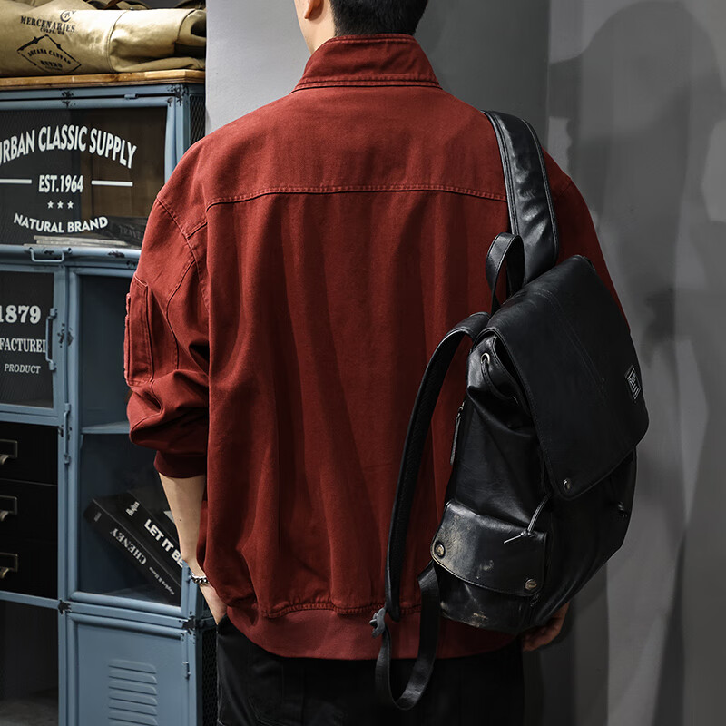 邦约恋人秋冬款立领纯棉工装男夹克美式复古潮牌猎装上衣宽松刺绣休闲外套 红色 3078 L 合适体重130-145斤