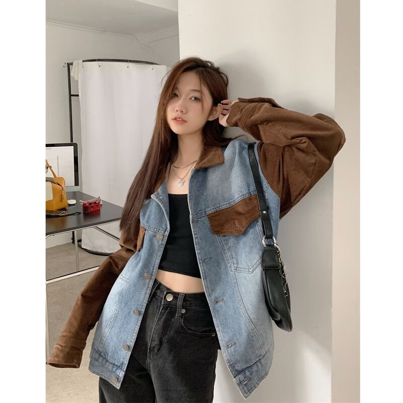 斤宽松韩版秋季复古百搭减龄拼接工装牛仔夹克外套女 图片色 m码100斤