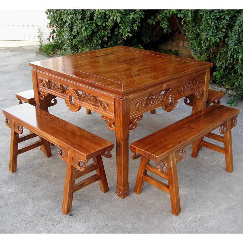 升宜居 四方桌子正方形 实木八仙桌仿古雕花餐桌椅组合饭店面馆餐厅