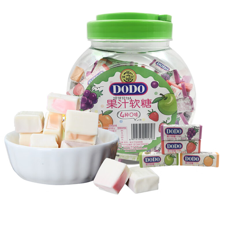 徐福记口嚼糖多嘟嘟dodo果汁软糖桶装罐装口嚼糖混合果味瑞士糖儿童