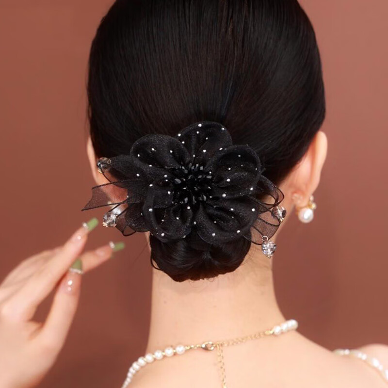 rjt铂思亚发饰满天星欧根纱大肠女感盘发头头花 黑色满天星欧根纱发圈