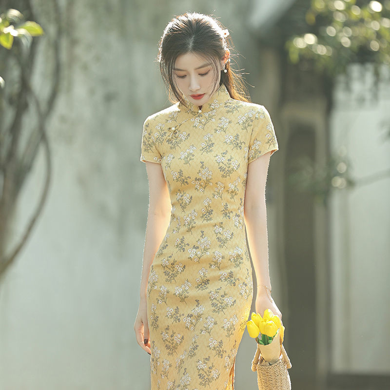 年新款旗袍夏季年轻款小个子改良连衣裙黄色少女复古气质 050#图片色