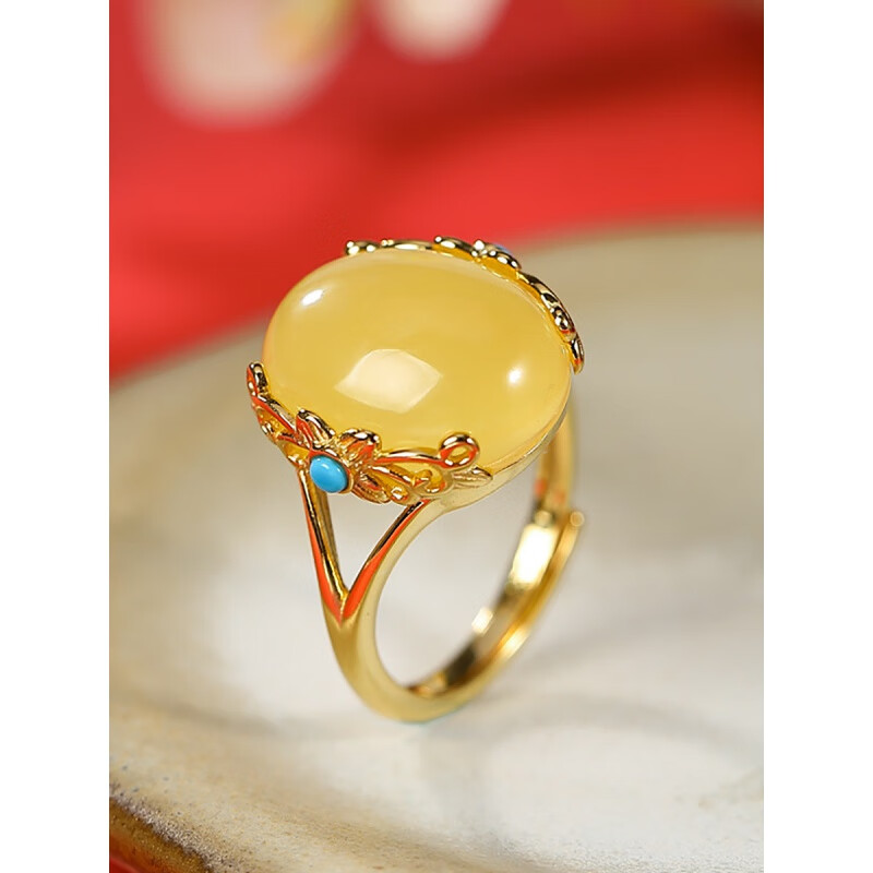 晗遐蜜蜡戒指s925镶嵌黄复古女士古法指环饰品琥珀 款式一镶嵌蜜蜡(活