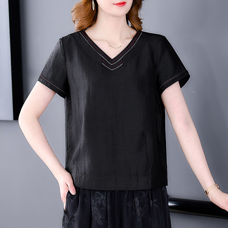 恒源祥v领短袖t恤女夏季2024新款桑蚕丝时尚休闲夏装薄款香云纱上衣女