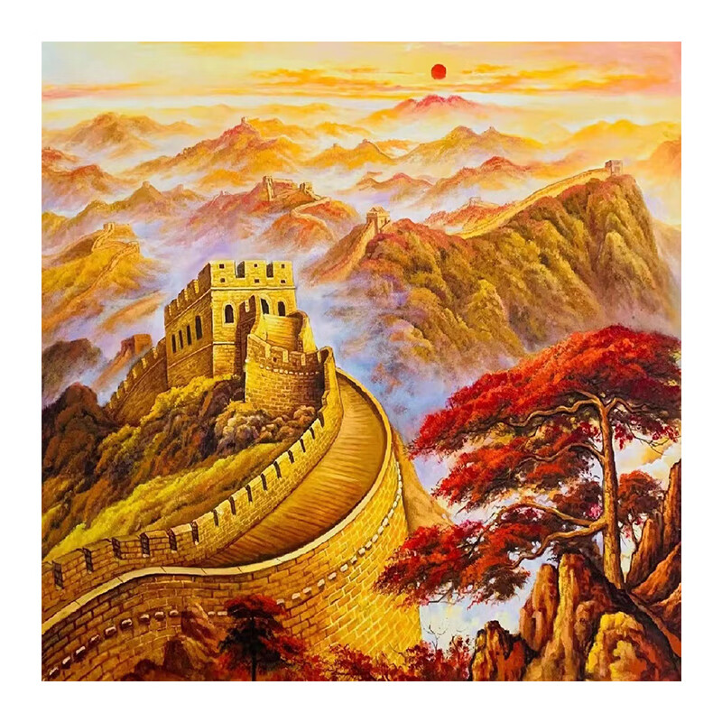 木卫轻奢金色万里长城客厅装饰画新中式靠山图手绘油画玄关办公室挂画