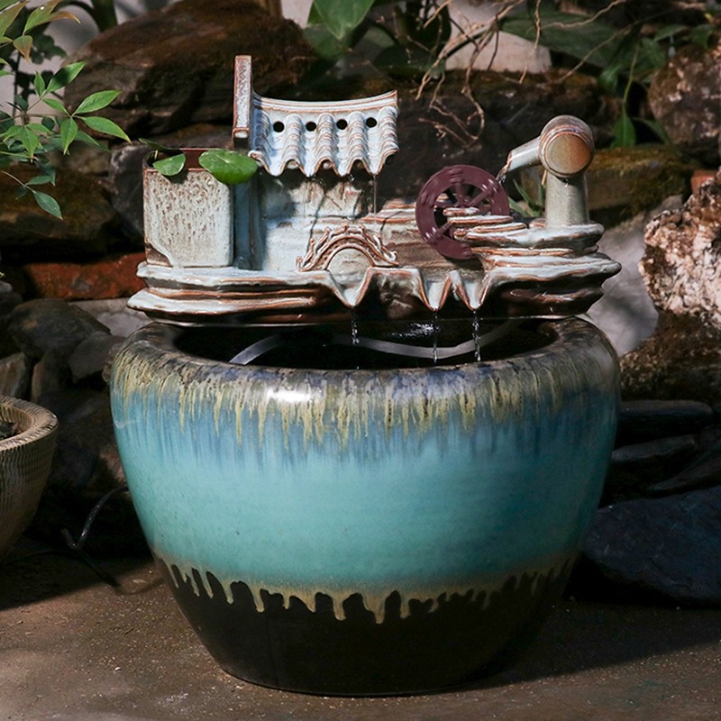 养鱼缸水缸创意阳台庭院水循环鱼缸造景摆件 小桥流水小号套装窑变