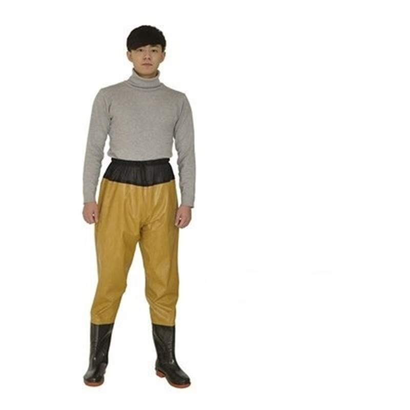 加厚半身下水裤齐腰防水衣服雨裤水叉裤子水裤男捕鱼连体雨鞋全身 黄