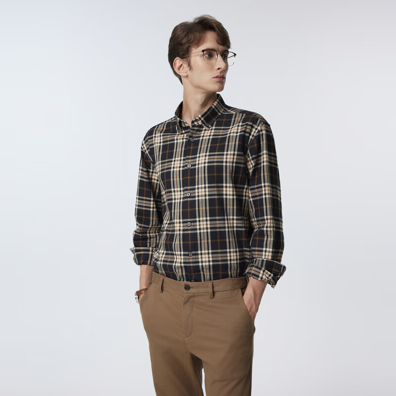 Scofield【新疆棉】男装24年秋季新款英伦复古休闲格纹全棉长袖衬衫 卡其色 M (170)