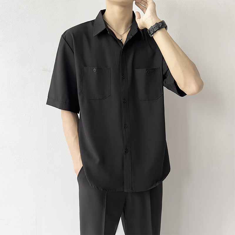 星禾莱黑色衬衫男短袖夏季款高级感痞帅上衣男士韩版休闲男装白衬衣