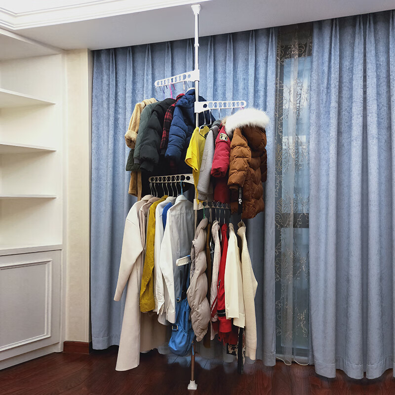 顶天立地阳台晾衣架落地伸缩单杆室内简易晒挂衣服架卧室收纳神器 可调高度1.6--3.45米之内 中