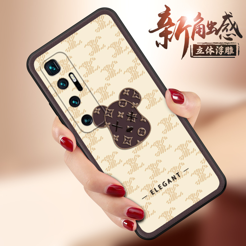 福壳 小米10至尊纪念版手机壳 腕带可斜跨浮雕彩绘防摔保护套 棕色熊