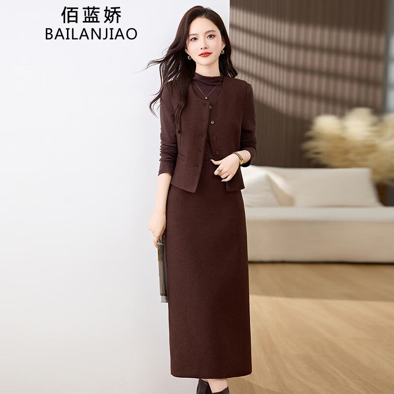 佰蓝娇小香风连衣裙高档气质毛呢外套半身裙套装女2025春秋冬新款三件套 安哥拉红 L