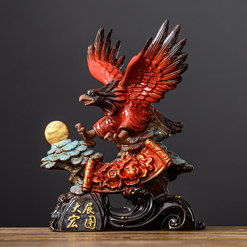 陶瓷老鹰摆件雄鹰大鹏展翅新中式客厅办公室开业礼品 大展宏图-红色款