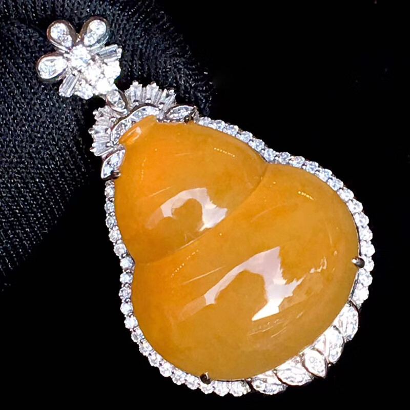 月亮阿姨  翡翠冰种正黄翡葫芦吊坠 18k镶嵌缅甸a货翡翠女款珠宝项链