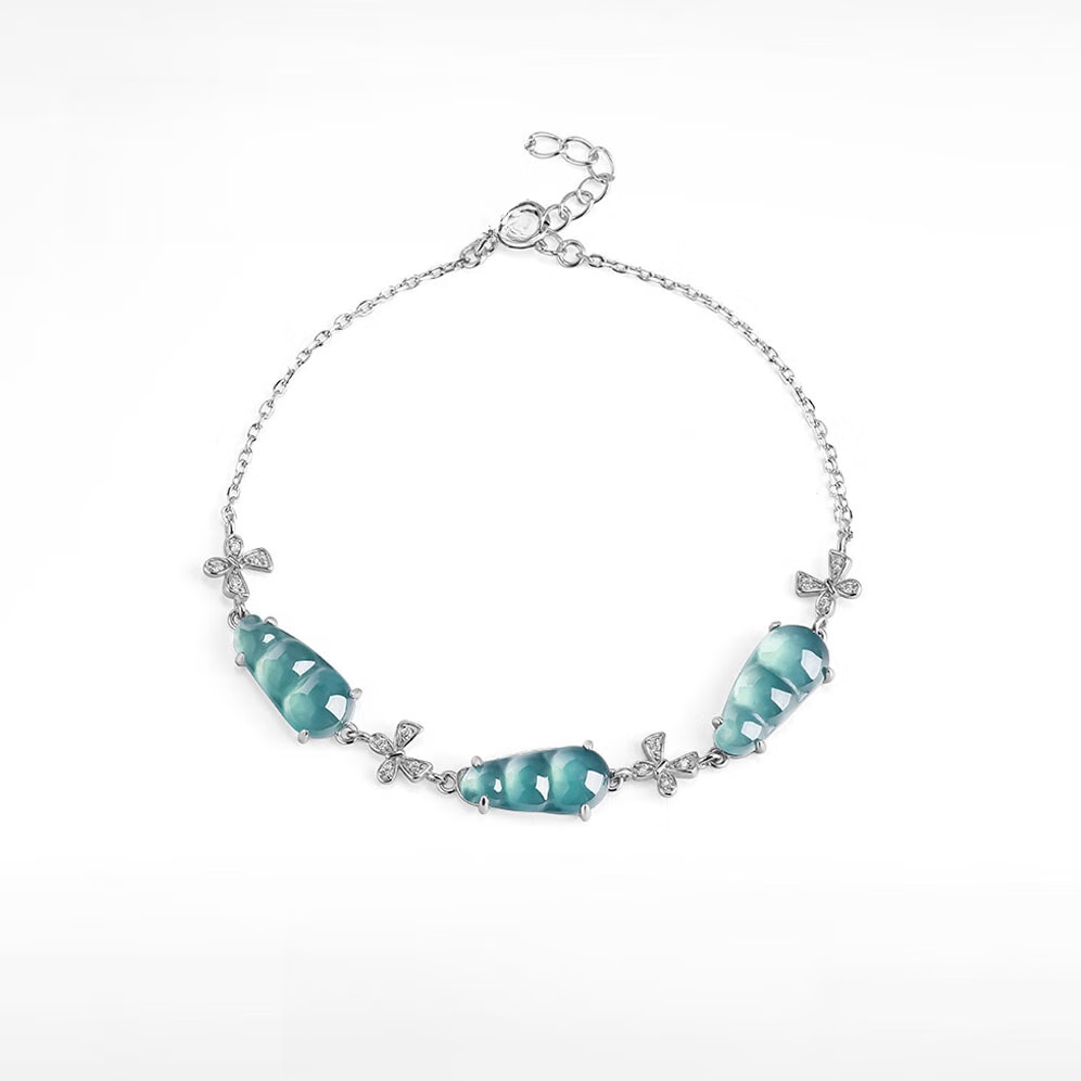 碧允七夕礼物翡翠手链翡翠蓝水福豆手链s925银四季豆手链 20cm 蓝色