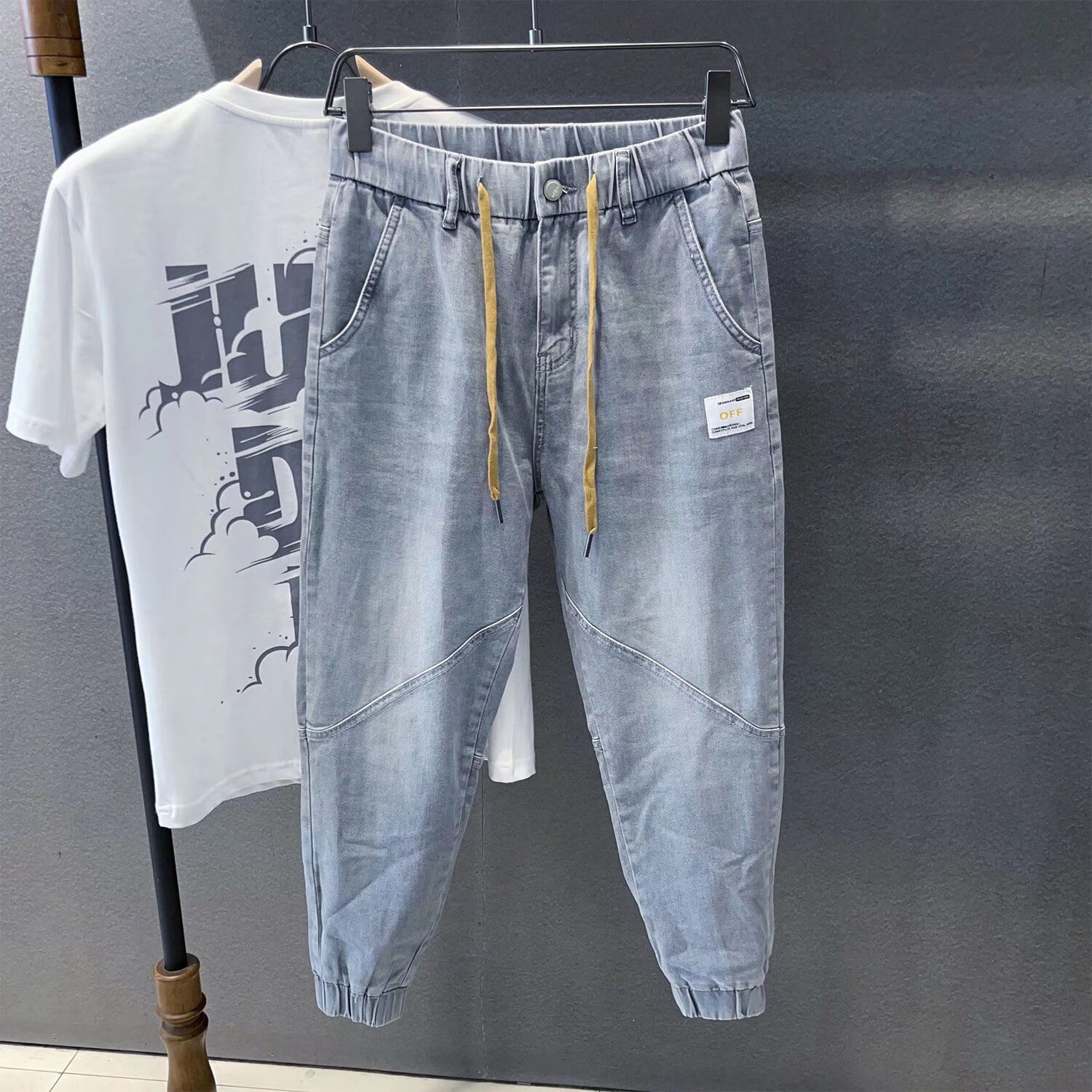 ujxw  九分裤松紧带牛仔裤男夏季束脚牛仔裤男士系绳宽松大码潮牌浅色