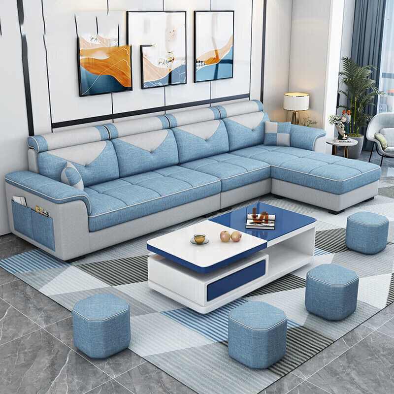 欧卡蔻2025新款沙发客厅整装大小户型简约现代轻奢科技布布艺沙发组合 梵星蓝-免洗科技布 乳胶版四位+脚踏