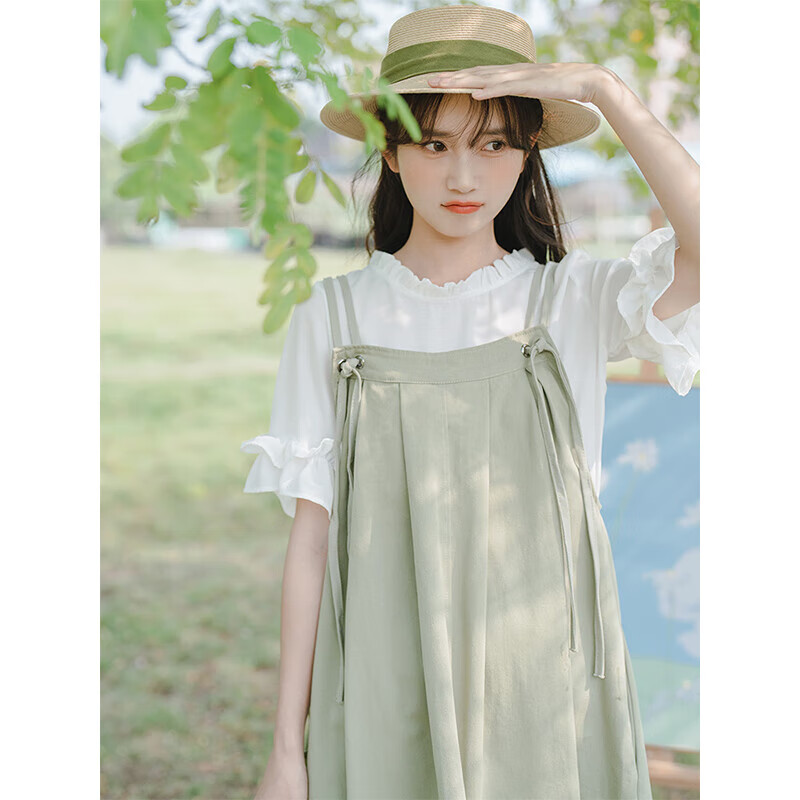 连衣裙女装夏季新款小众设计感别致裙子学生少女长裙 绿色单背带裙 s