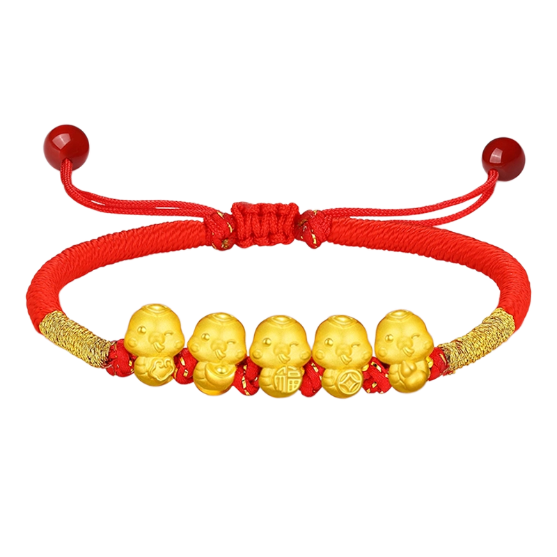 蒂蔻（Tico）生肖蛇足金五福蛇黃金轉(zhuǎn)運珠手鏈3D金蛇年紅繩本命年手鏈生日禮物
