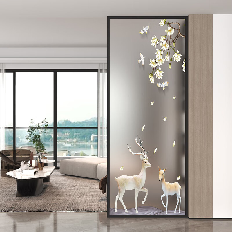 磨砂玻璃图案发财鹿06696长虹玻璃北欧客厅隔断屏风折叠移动玄关